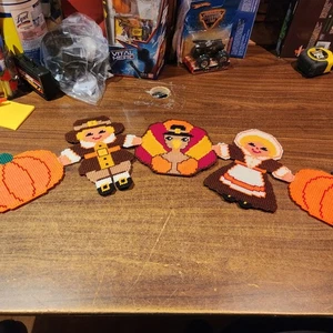 Vintage Thanksgiving Needlepoint Pilgrims Turkey & Pumpkins 9" Decoration 30" L - Picture 1 of 7