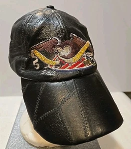 God Bless America Black Leather Patchwork Eagle Flag Baseball Cap Hat Biker - Picture 1 of 8
