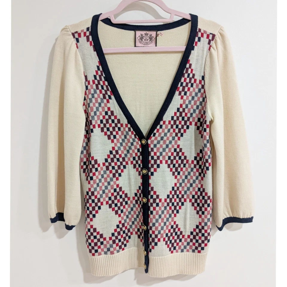 Vintage Y2K Juicy Couture Argyle Cashmere Blend Cardigan Cream Red Blue Size M - Image 1 of 4