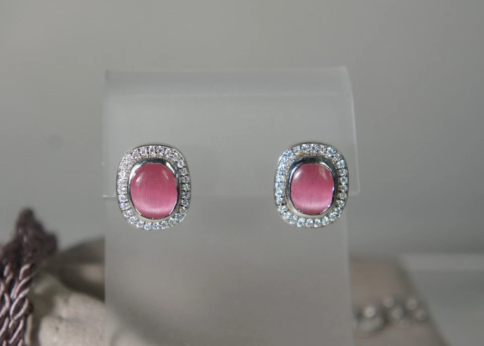 David Yurman 925 Sil Cushion PINK Tourmaline Diamond Noblesse 585 Stud Earrings - Image 1 of 4