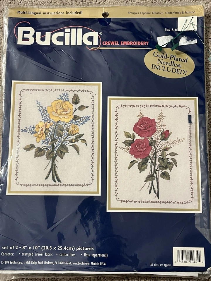 Bucilla 1999 Crewel Embroidery Kit Roses Stamped 42435 Made in USA PAIR