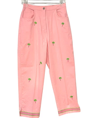 Vtg Quacker Factory Sz S 26"Wx23"L Cropped Pants Pink Palm Trees Coastal Quirky - Image 1 of 4