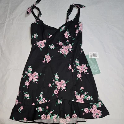 NUEVO CON ETIQUETAS B Vestido Inteligente Juniors Talla 11 Negro Rosa Floral Elastizado Cremallera Correa Lazos Volantes Foto 1 de 4