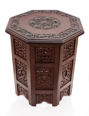 Solid Wood Accent End Table - Hand Carved Vintage Boho Folding Side Table - S... - Image 1 of 4