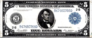 1914 $5 (FANCY SN B47460766D) Federal Reserve Note, New York VF Fr. 851 - Picture 1 of 3