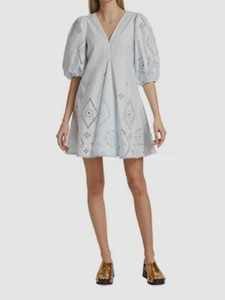 $375 Ganni Women's Blue Broderie Anglaise V-Neck Mini Dress Size FR36/US4 - Picture 1 of 4