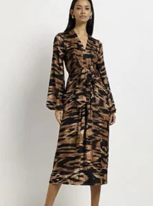 RIVER ISLAND Long Sleeve V Neck Animal Print Dress Tie Front UK 12 Brown Black - Picture 1 of 16