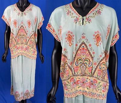 Винтажный 1920-х годов ар-деко азиатский шелк экран печати пляж пижамы блузка и юбка платье - Изображение 1 из 2