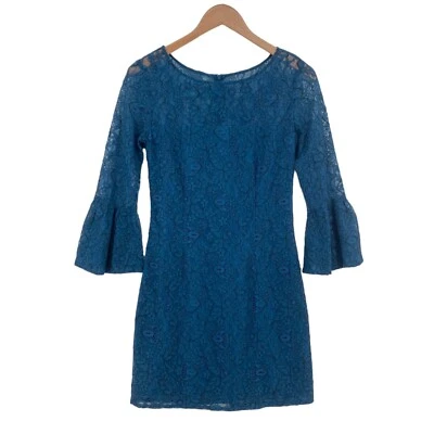 Vestido recto BB Dakota para mujer talla 4 azul encaje floral rayón manga campana cremallera trasera Foto 1 de 4