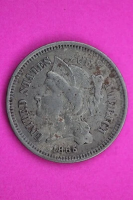 Hi Grade 1865 Three 3 Cent Nickel Semi Key Date Coin Same Coin In Pic 2-268 - Image 1 of 3