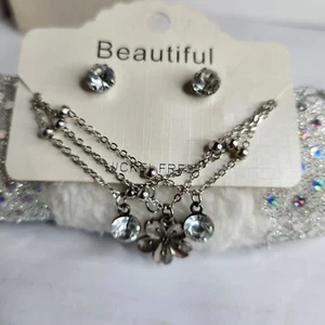 Modeschmuck Set Silberfarben Armband & Ohrring Set Strass Blume Charm - Bild 1 von 5