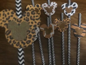 10 Custom Safari Paper Straws Animal Print Mouse Ears Boy Girl Birthday - Picture 1 of 12