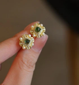 Tourmaline Freshwater Pearl Gold plated Earnings - Picture 1 of 3