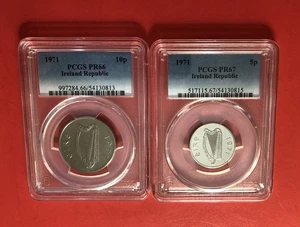 1971 - IRLAND, 2 UNZIRKULIERTE 5 & 10 PENCE MÜNZE, BEWERTET VON PCGS PR66 & PR67. - Bild 1 von 12