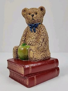 Gusseisen Statue Teddybär auf Büchern, Türstopper oder Buchstütze, Apfel, Schleife, 10" hoch - Bild 1 von 12