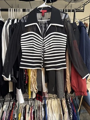 JS Collections Shirt Womens Size 6 Mesh Sheer Button Down Bell Dressy Blouse Top - Image 1 of 4