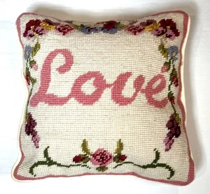 Decorative Cream Wool Floral "Love" Needlepoint Pillow Pink Rose Pansy 9" x 9" - Picture 1 of 2