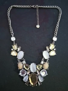 Ann Taylor LOFT Necklace Statement Bib Silver Tone Yellow Beige Black Rhinestone - Picture 1 of 10