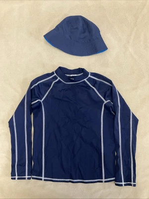 Lands End Rashguard Swimsuit Top 7 Boys Navy Blue Long Sleeve Hat - Image 1 of 4