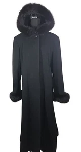 Vintage Marvin Richards schwarzer langer Mantel Wolle Kaschmir mit Fellbesatz Kapuze - Gr. 14 - Bild 1 von 10