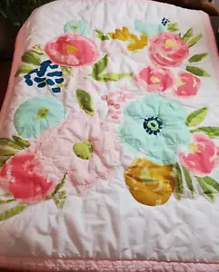 Cloud Island Quilt Floral Fields Pink Mint Embroidered Edged Crib Baby 42"x33" - Picture 1 of 11