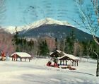 Mt Katahdin Stream Campsite Winter Snow Rangers Snowmobiles ME Vintage Postcard