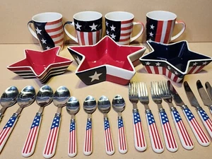 Patriotic Dish Serving Set 4 Mugs, 3 Bowls, 4 Sets Silverware Red White Blue - Picture 1 of 24