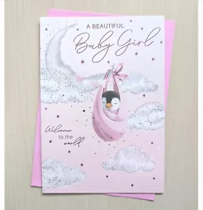 Geburt eines Neugeborenen Baby Mädchen Karte - Teddy rosa Glückwunsch geprägt A - Bild 1 von 3