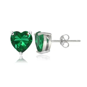Sterling Silver Created Emerald 6mm Heart Stud Earrings - Picture 1 of 3
