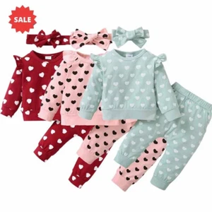 Baby Girl Clothes Outfit Ruffle Long Sleeve Heart Print Sweatshirts Tops Pants - Picture 1 of 14