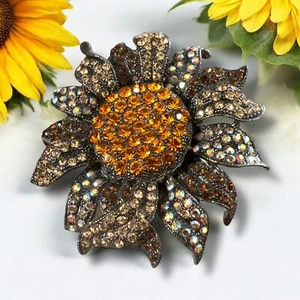 Off Park Collection Gunmetal Sunflower Orange Rhinestone Brooch Pendant - Picture 1 of 10