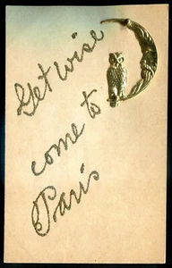 Postal de París Ontario década de 1910 humor brillo búho dorado sentado en la luna complemento - Imagen 1 de 2