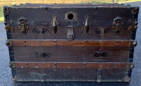 Antique Steamer Trunk Flat Top Wood Slat Repurposed Coffee Table Victorian Vtg Cover