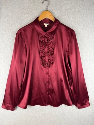 Talbots Blouse Womens XL Red Satin Ruffle Holiday Romantic Whimsigoth Dark - Image 1 of 4