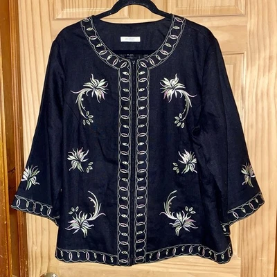 Dressbarn Women 18W 48" Chest 100% Linen Floral Embroidered Zip Shirt Jacket - Image 1 of 4