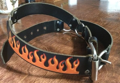 Vintage 90s Y2K Leather Skater Belt Orange Flame Metal Rings Size XL USA Made - Image 1 of 4
