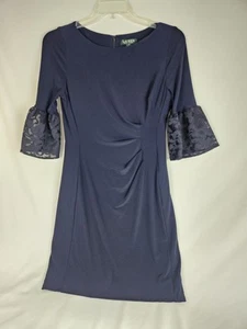 Lauren Ralph Lauren Womens SIZE 12 Navy Crepe Bell Sleeve Sheath Dress - Picture 1 of 7