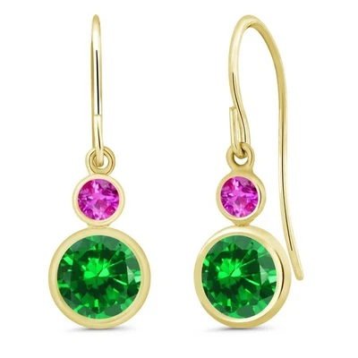 14K Yellow Gold Simulated Emerald and Pink Sapphire Drop Dangle Earrings For - Image 1 of 3