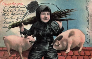 CARTOLINA VINTAGE TEDESCA CAPODANNO BAMBINO CON 2 MAIALI 1905 010825 U - Foto 1 di 2