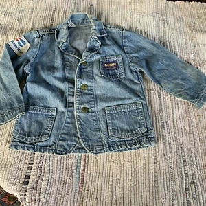 vtg Oshkosh Denim Jacket 3t 4t blue jean Collar north american patch union made - Picture 1 of 12
