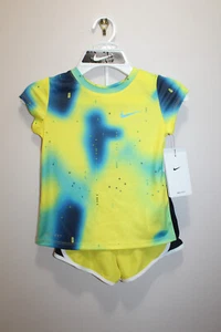 NIKE GIRLS DRI-FIT 2-PIECE OUTFIT SET T-SHIRT & SHORTS OPTIC YELLOW SIZE S (4-5Y - Picture 1 of 4