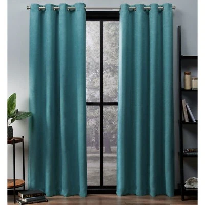 EXCLUSIVE HOME Oxford Teal  Woven  Grommet Top Set Of 2 Curtain 52 x 96in - Image 1 of 4