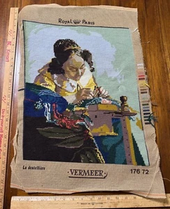 Vintage Vermeer der Klöppler fertige Nadelspitze Leinwand Frankreich Kunst Bild - Bild 1 von 3