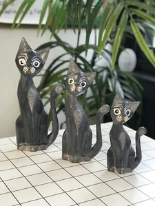 Fair Trade Wooden Cats Set Of Three 30cm, 26cm, 20cm. Grey. - Picture 1 of 3