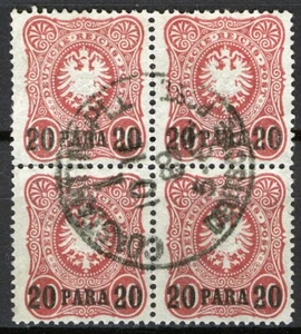 German PO Turkey 1884, 20 Para on 10 Pf Eagle block of 4 FU, Mi 2 cat +400€ - Picture 1 of 2