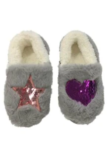 Girls Fuzzy Gray Heart & Star Slippers Sequin House Shoes Loafers 12 - Picture 1 of 1