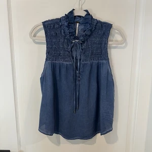 Free People Ruffle Me Up Blouse Women Sz S Front Tie Blue Sleeveless Lightweight - Picture 1 of 15