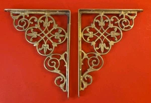 Vintage Matching Pair Ornate Solid Brass Decorative Shelf Wall Brackets 6"x8" - Picture 1 of 7