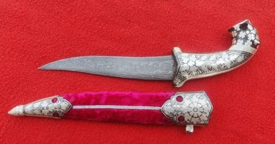 Adaga Khanjar lâmina de damasco incrustada prata indo-persa islâmica mogol 10"" - Imagem 1 de 4