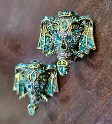 Vintage Heidi Daus Pave Elephant Clip On Earrings Blue Multi Color - Image 1 of 3